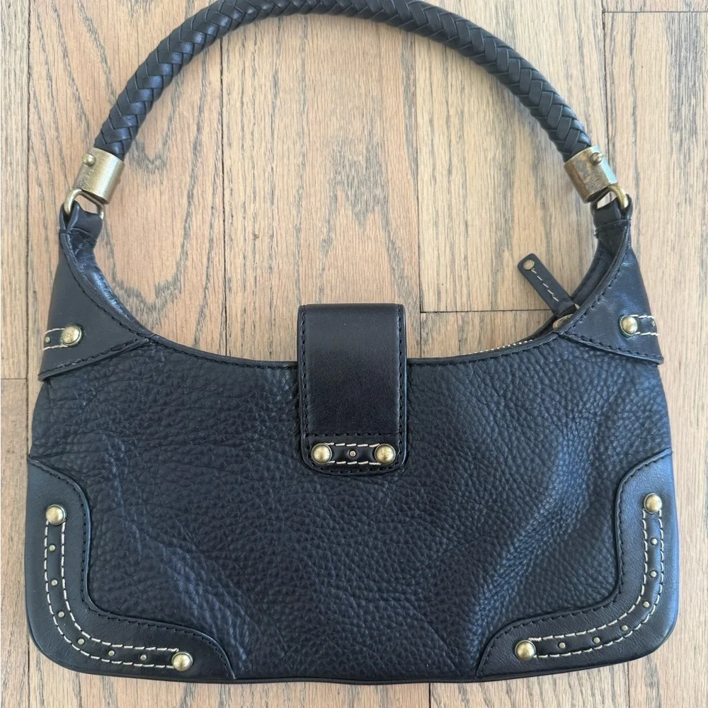 Michael Kors Black Leather Shoulder Purse with Braided Strap and Gold Detailing